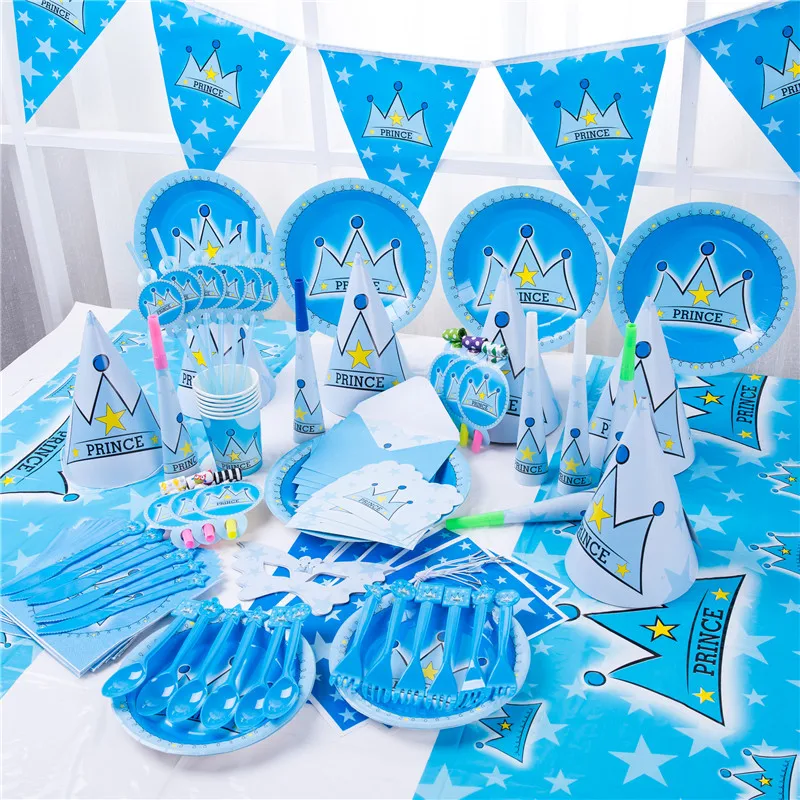 

Blue Prince Crown Boy Kids Birthday Party Supplies Decoration Disposable Tableware Paper Plates Cup Straws Boy Baby Shower Decor