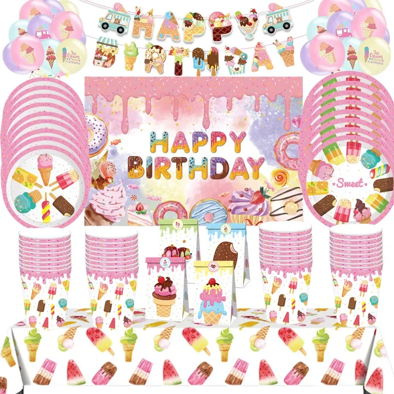 

Ice Cream Birthday Party Decoration Kids Baby Shower Disposable Tableware Paper Plates Cups Balloons Tablecloth Party Supplies