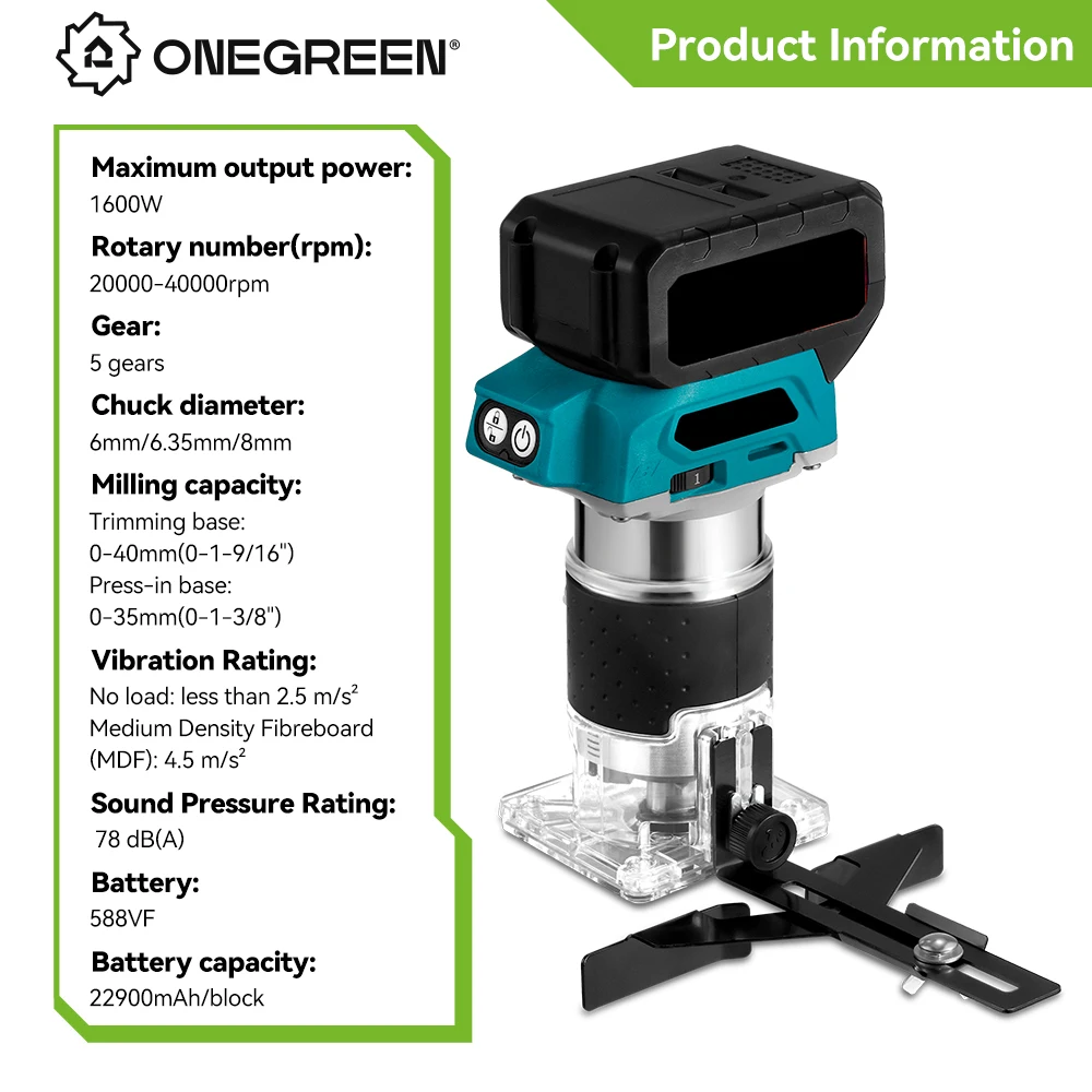 5 Speeds Brushless Electric Hand Trimmer 1600W Cordless Wood Router Woodworking Engraving Slotting for 21V 18V Battery