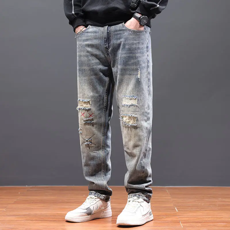 Spring and Autumn Fashion  Jeans Men's Loose Straight Ripped Patch Beggar Pants Men's Casual Personality  Men's Pants  jeans spring and autumn corduroy pants men s birthday loose straight pants retro draped casual pants