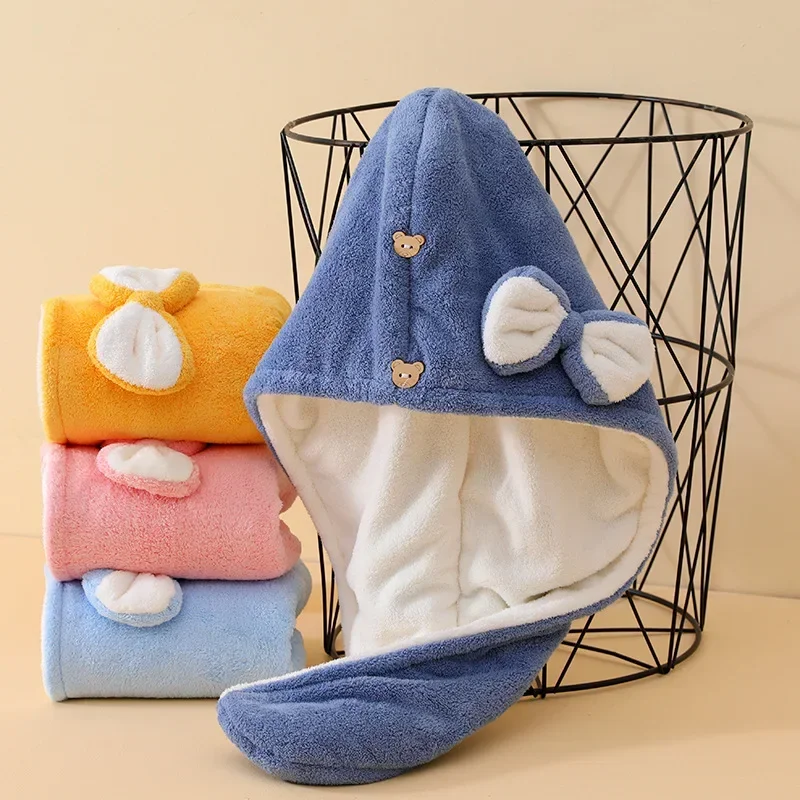 

Dry hair hat female thickened super absorbent double bow cute coral velvet wipe hair dry hair bag headscarf