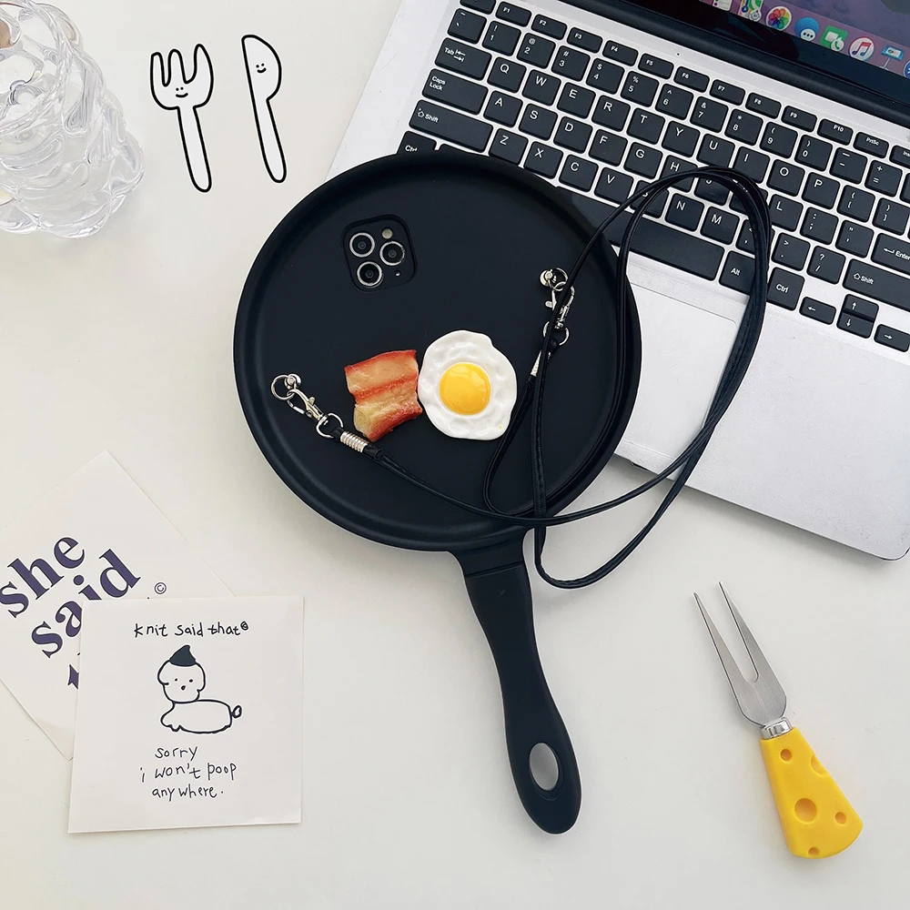 Crossbody Strap 3D Frying Pan Phone Case - Cute Shockproof Pot INS Fashion Cover