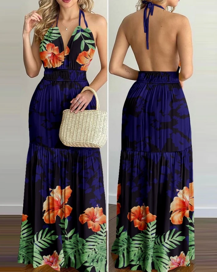 

Sexy Elegant Dresses for Women Tropical Print Halter Backless Maxi Dress New Fashion 2024 Summer Casual Female Clothing Outfits