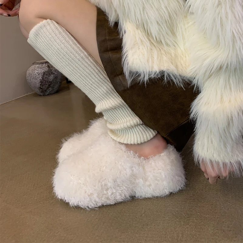 ZOOKERLIN Round Toe Thick High Heels Platform Women's Slippers Solid Color Wool Slip On Winter Soft Comfortable Woman Shoes Fur