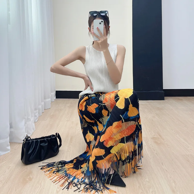 Miyake Style Comfortable Casual Temperament Elegant Slim Printed Tassel Pleated Skirt Women's 2024 Summer New Style