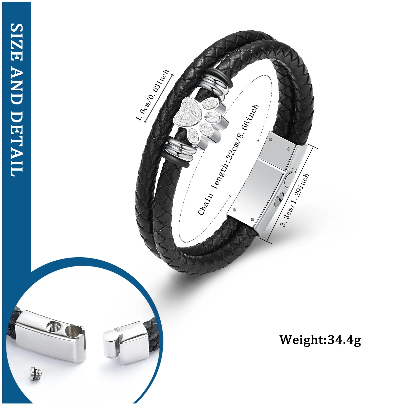 Pet Paw Urn Bracelet For Dog Cat Ashes Cremation Keepsake Jewelry Gifts for Men Woman Stainless Steel Memorial Bangle