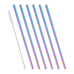 Eco - Friendly Stainless Steel Drinking Straw Set with Cleaner Brush - 6 Pack (Rainbow)