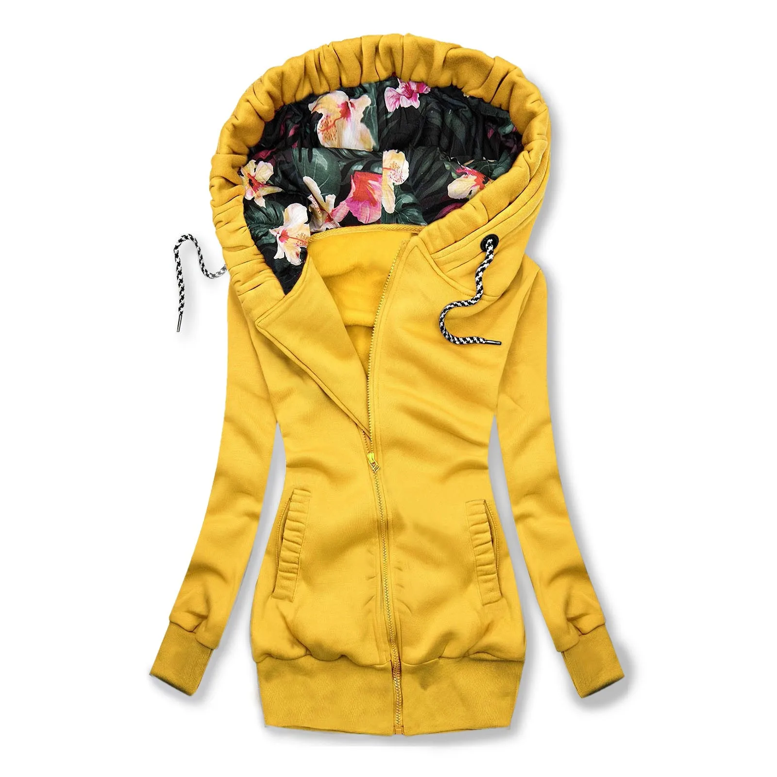 Womens Zipper Jacket Hoodies Light Autumn Winter Flower Printed Hooded Sweatshirts Female Blazer Solid Sports Bodycon Slim Blous