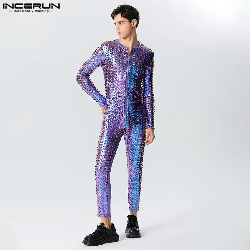 

Men Jumpsuits Sparkling Hollow Out Sexy V Neck Long Sleeve Zipper Rompers Men Streetwear Fitness 2023 Fashion Overalls INCERUN