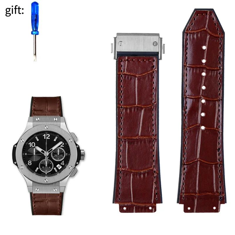Premium Genuine Leather Watch Band - Cowhide Strap with Tools and Accessories, Black/Brown