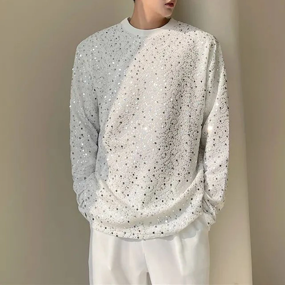 

Mens Autumn Y2k Sequined Korean Style Loose Long-Sleeved T-Shirt Autumn Genderless Nightclub Personalized Fashion Tops Unisex