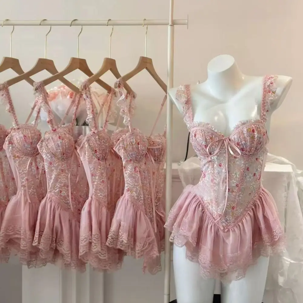 Sweet feminine design with flared hem, delicate edging, and romantic homewear look