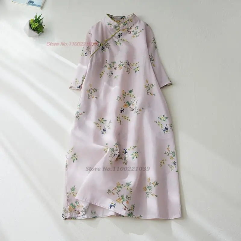 

2024 chinese traditional qipao vintage flower print cheongsam elegant cotton linen cheongsam oriental tea service folk dress