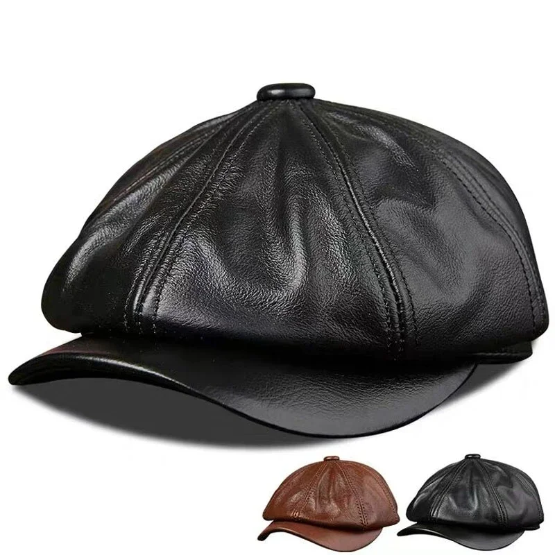 

Hats Men 2024 Spring/Winter 100% Genuine Leather Warm Cap Male Beret Painter Boina Cowhide Octagonal Casquette High Quality