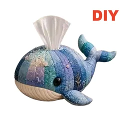 Handmade Patchwork Tissue Box Cover Kit - Craft Hobby Decor Gift Set (Striped Whale DIY)