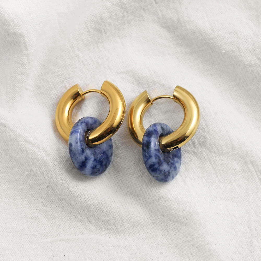 Bohemian Multicolour Natural Stone Chunky Circle Hoop Earrings Women Pink Crystal Gold Color Piercing Ear Buckle Punk Jewelry