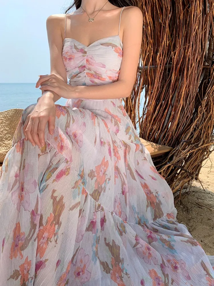 

Spaghetti Strap Elegant Women Summer Dress Sleeveless Casual Floral Print A-Line Beach Holiday Clothes Female Long Robe Mujers