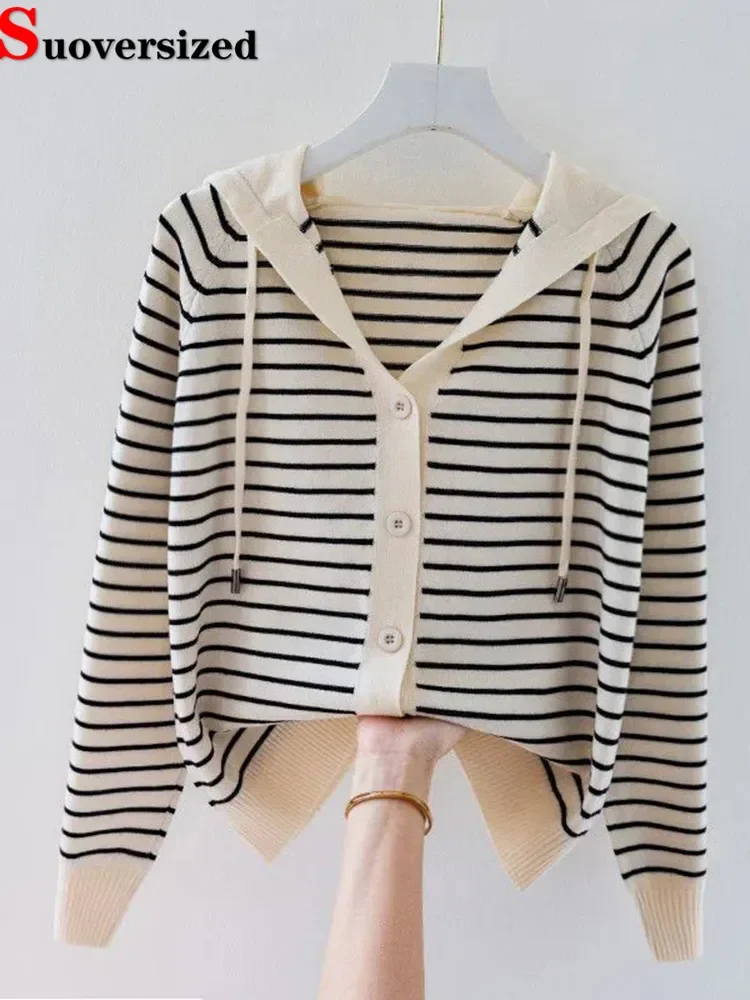 

Stripe Hooded Thin Oversize 4xl Cardigan Knitted Spring Fall Women's Tops Loose Elegant Knitewear Sweater Casual New Chic Coat