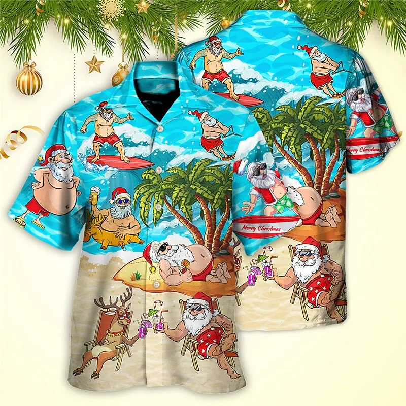 Christmas Men's Hawaii Shirt Short Sleeve New Year Xmas 3D Printing Tops Santa Claus Party Beachwear Camping Vacation Apparel