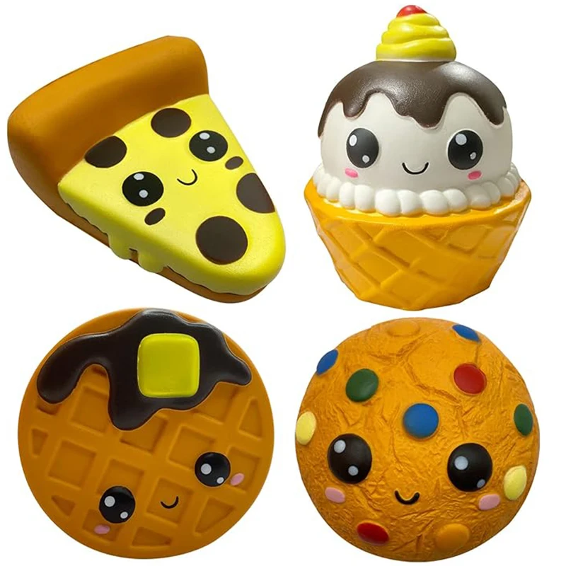 

4 Pack Bread Squishies Slow Rising Stress Relief Squeeze Toys Pizza Cookies Waffles Ice Cream Charm Scented Kawaii kids Toy