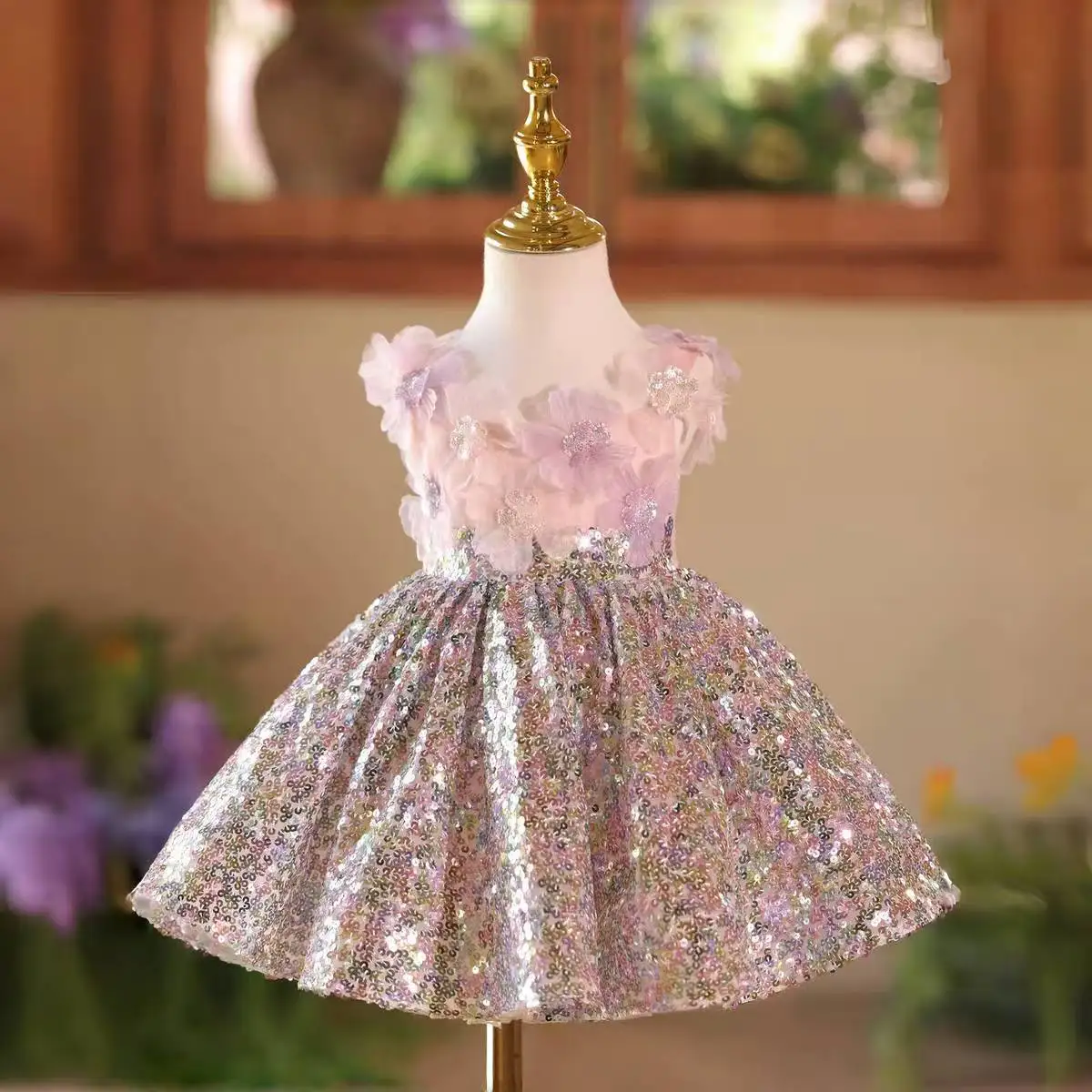 Dreamy Vow D154 Pink Flower Girl Dress Sequined Knee Length Kids Princess Wedding Birthday Holiday Party Pageant Festival Gown