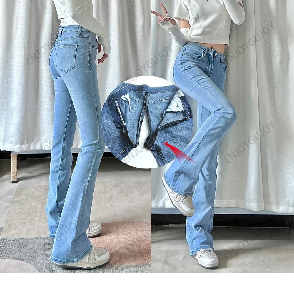 

Invisible Open Crotch Outdoor Sex Jeans Female Students High Waist Slimming Retro College Style Flared Pants