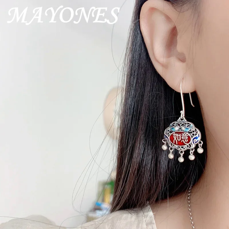 

MAYONES 925 пробы серебряные красные серьги в форме замка Ruyi для женщин Ретро китайский стиль удачи замок висячие серьги с крючком EH195