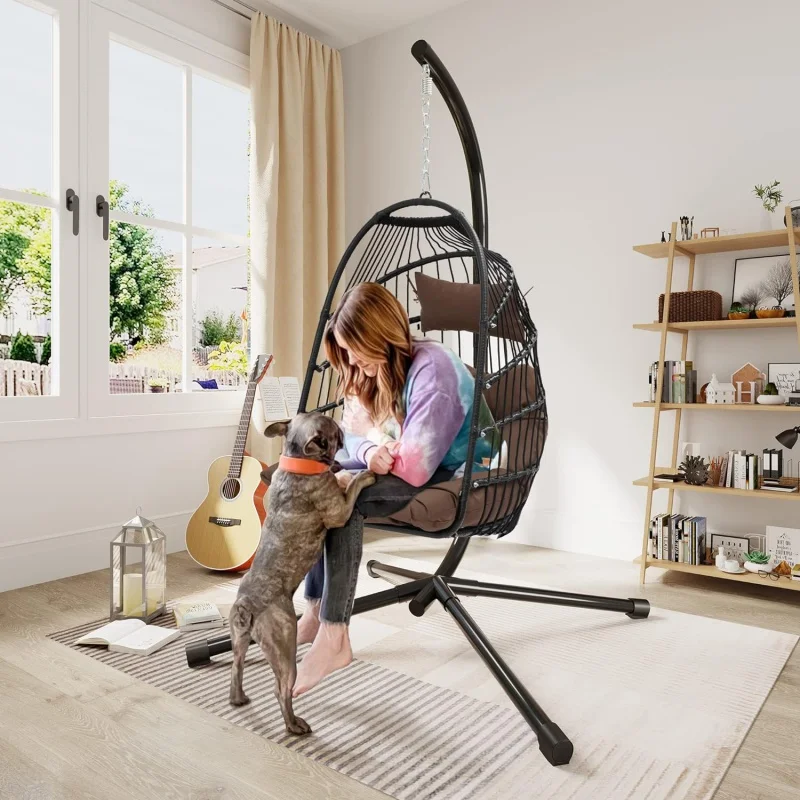 

Hanging Egg Swing Chair Outdoor Wicker Hammock Chairs Indoor with Steel Stand UV Resistant Cushion 350lbs for Patio, Be