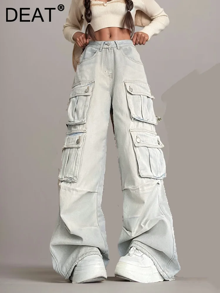 

DEAT Trendy Fashion Women's Multi Pockets Straight Cargo Jeans 2024 Summer New High Waist Wide Leg Denim Pants Female 29L7776