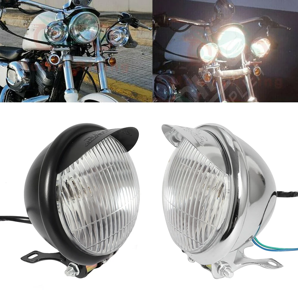 

5.5" Motorcycle Headlight Front Round Visor Light Lamp Black/ Chrome For Cruiser Chopper Cafe Racer Bobber Custom