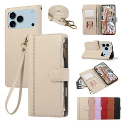 Zipper Leather Flip Wallet Phone Case with Lanyard and Card Holder - iPhone 14 (Beige)