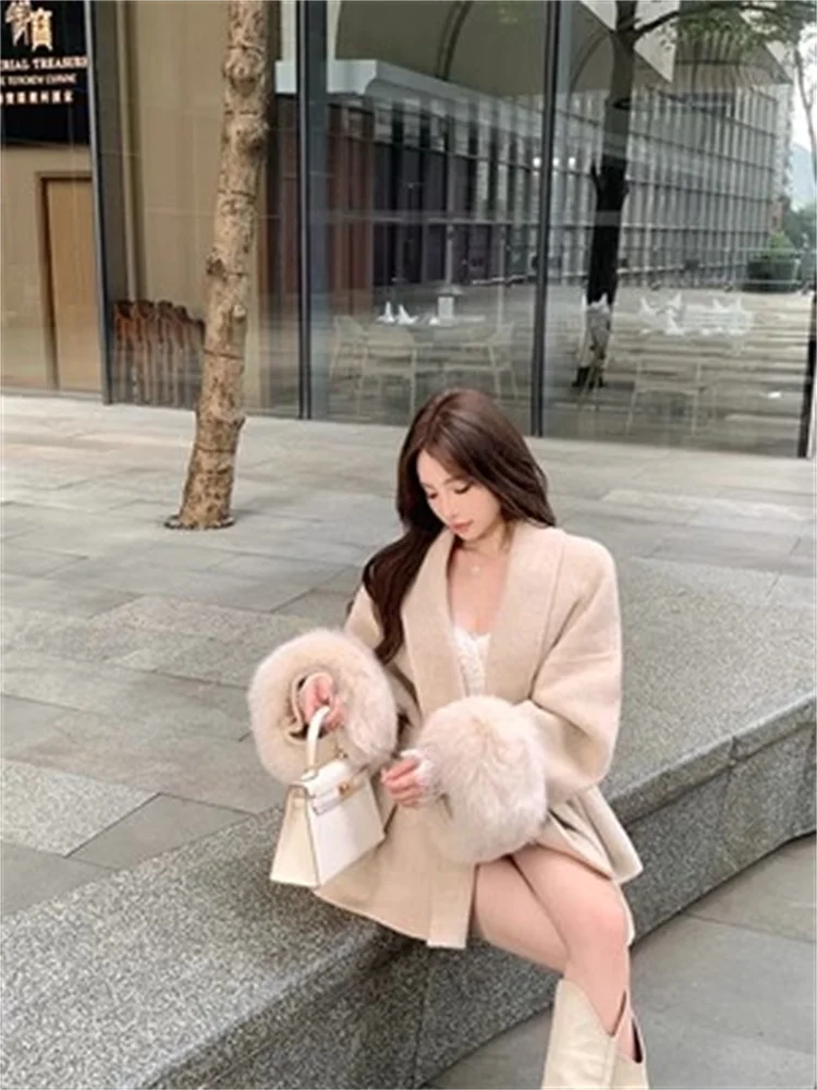 그레이 타이 허리 컬렉션 모직 코트 여성 가을, 겨울 2025 새로운 긴 소매 느슨한 하이 엔드 케이프 코트 중간 길이 탑