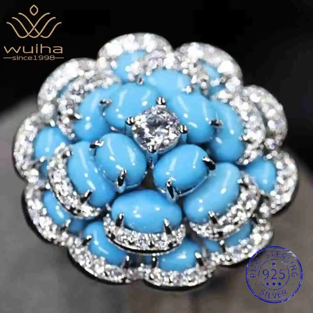 WUIHA Vintage 100% 925 Sterling Silver Lab Sapphire Turquoise High Carbon Diamonds Gemstone Wedding Engagement Ring Fine Jewelry 1