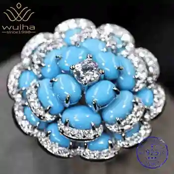 WUIHA Vintage 100% 925 Sterling Silver Lab Sapphire Turquoise High Carbon Diamonds Gemstone Wedding Engagement Ring Fine Jewelry 1