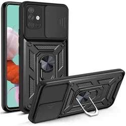Durable Armor Shockproof Phone Case with Magnetic Ring Stand & Camera Protector Cover for Samsung A51 4G (SJ-Black)