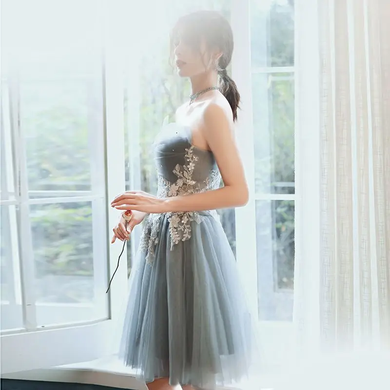 Short grey sweat sleeveless lady girl women bridesmaid dress party evening dress performance gown