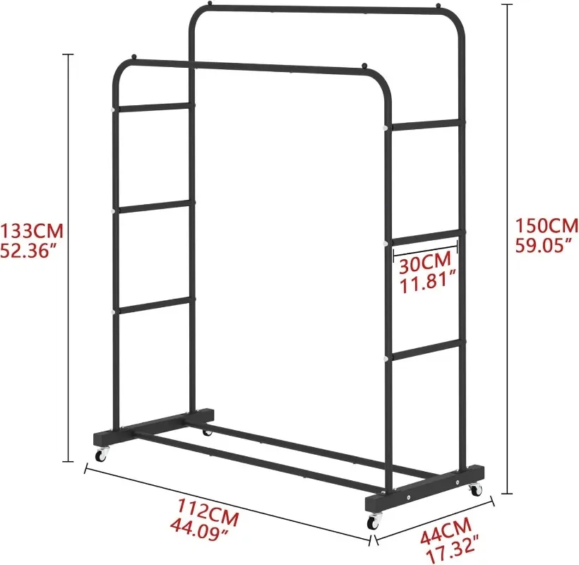 Double Rods Clothing Rack with Wheels, Garment Rack for Hanging Clothes, Multi-functional Bedroom Clothes Rack, Black 5