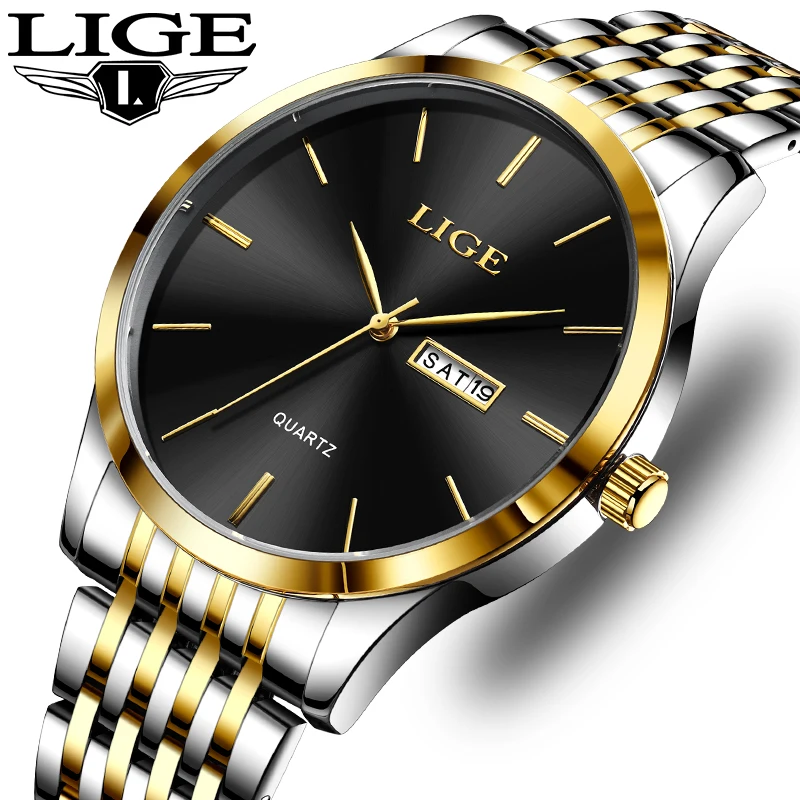 LIGE Fashion Luxury Quartz Man Watch Stainless Steel Band Business Watch for Men Simple Casual Waterproof Week Wristwatch Clocks