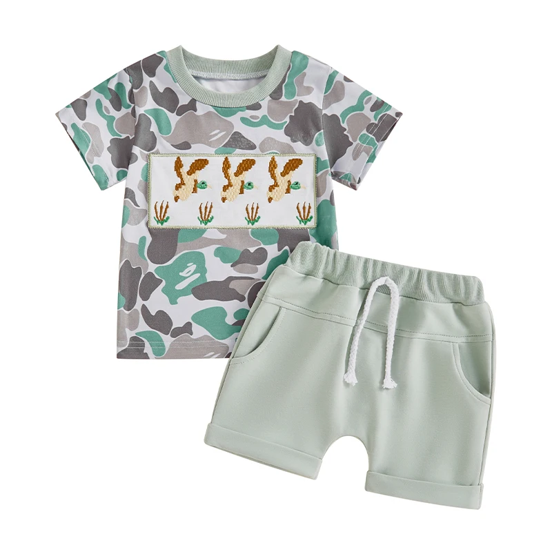 Little Boys Summer Shorts Sets Short Sleeve Duck Embroidery Camouflage Tops and Drawstring Shorts Sets