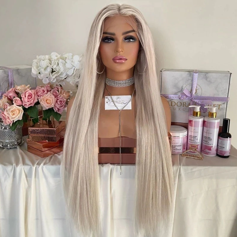 

Glueless Long Icy Platinum Blonde Synthetic Soft Hair Lace Front Wigs for White Women 26Inches Transparent Silky Straight Wigs