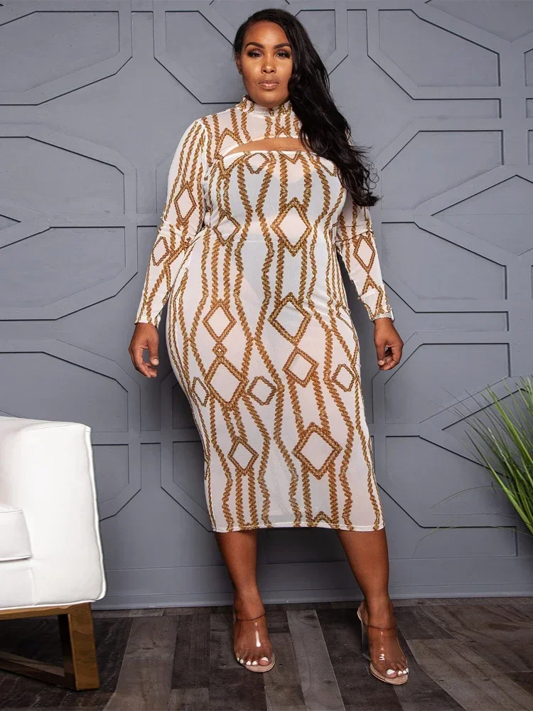 

Two Piece Sets Women Half High Collar Long Sleeves Tops Strapless Pencil Dresses Printed Gauze See Through Sexy Plus Size Sets