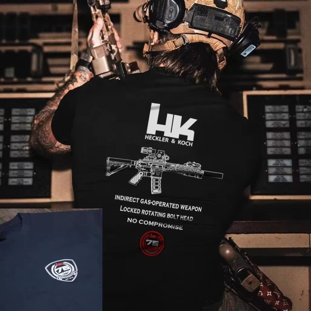 Unisex T-Shirt mit taktischem Gewehr-Blauprint, schwarze Baumwolle, kurze Ärmel, kein Kompromiss, Streetwear-T-Shirt für Militär-Enthusiasten