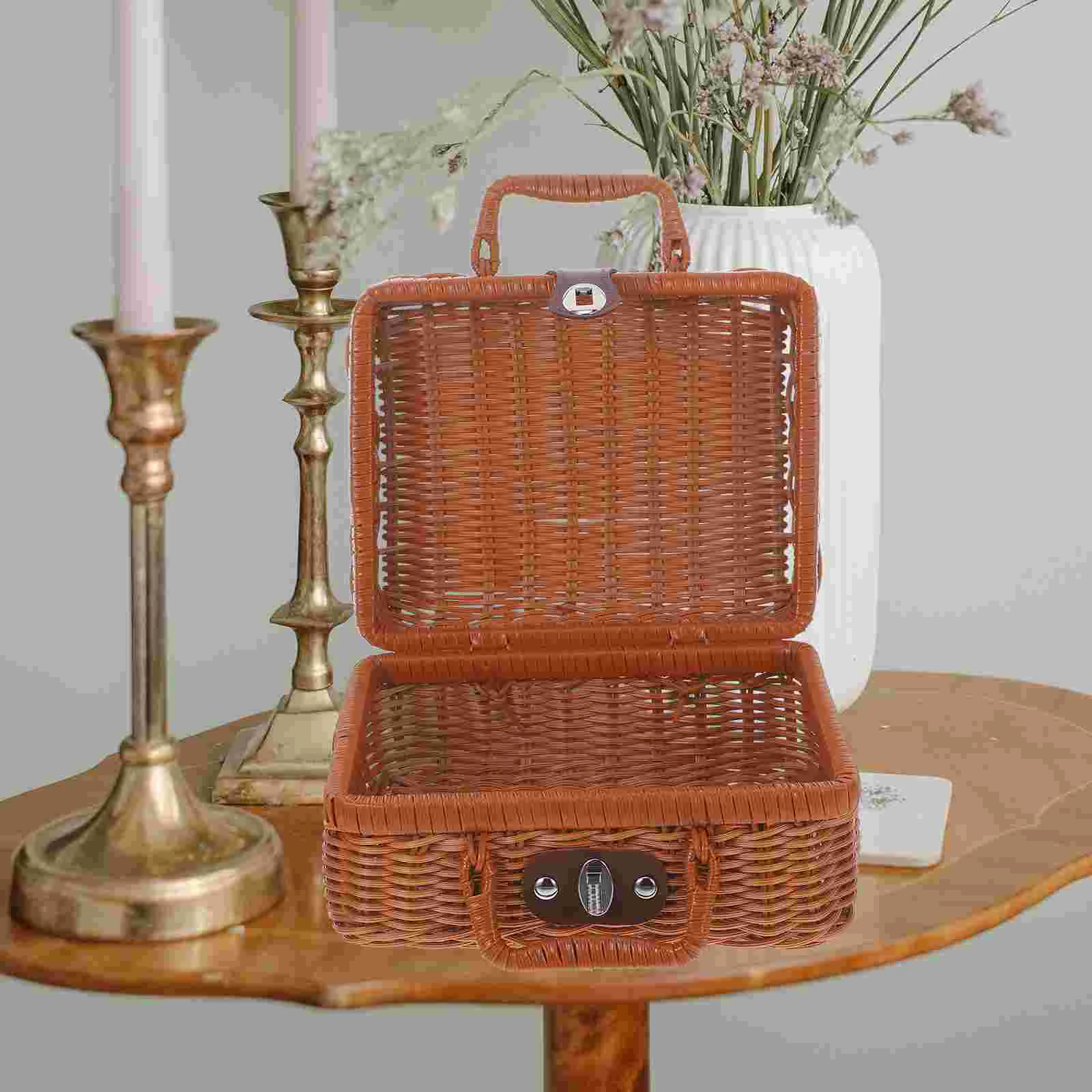 Imitation Rattan Box Simulated Handwoven Case Storage Baskets Retro Style Suitcase Duvet Wicker Picnic Hamper Toy 2
