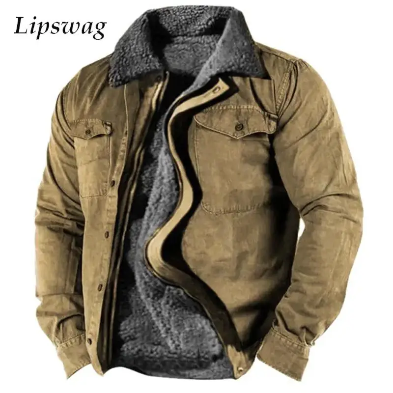 

Мужская шерстяная куртка с карманами, повседневная куртка лоскутного покроя с флисовой подкладкой и отложным воротником, винтажная куртка-карго на пуговицах, зима 2023