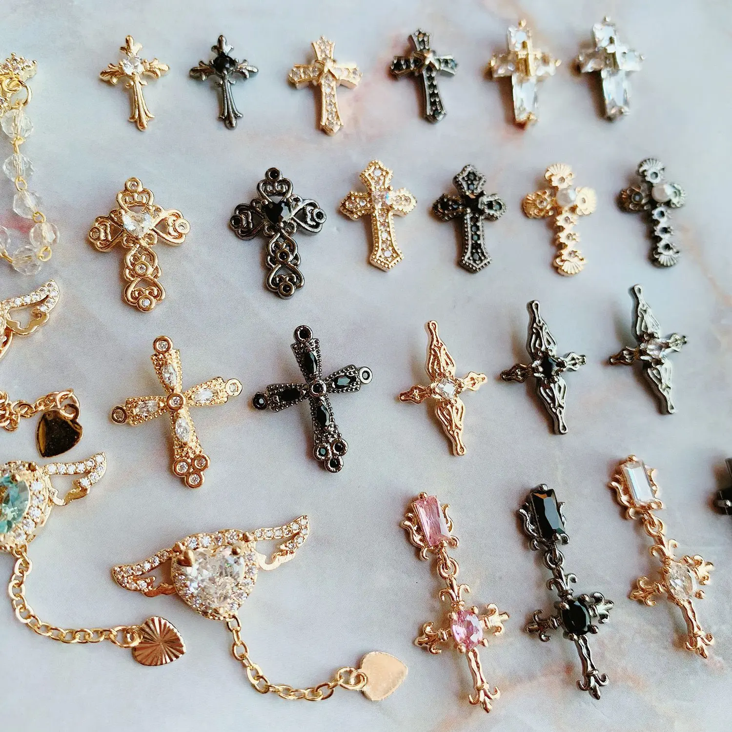10pcs/lot Dark Black Cross Crucifix Heart Nail Art Parts Zircon Crystal Manicure Nails Accesorios Supplies Decorations Charms 6