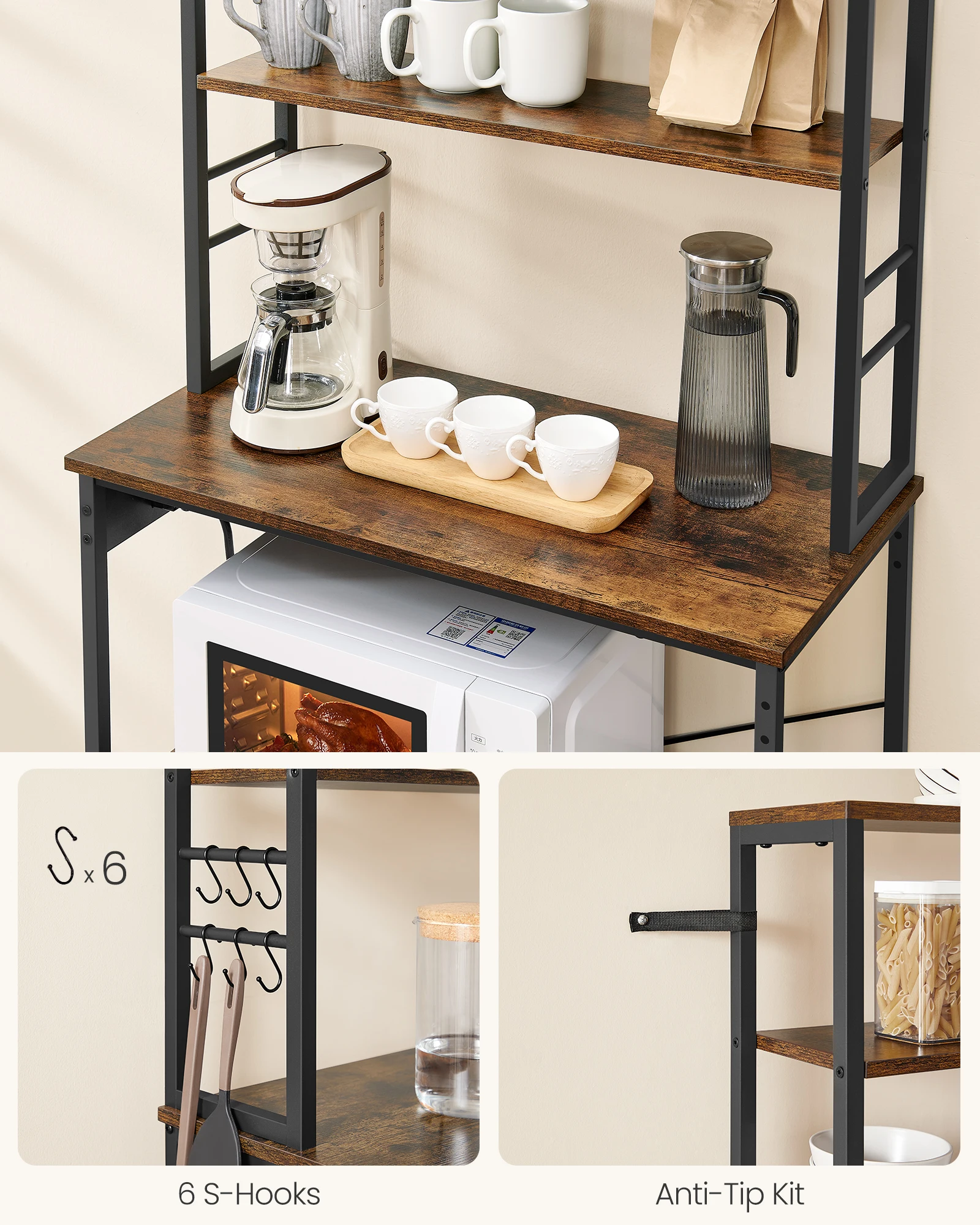 VASAGLE Bakers Rack with Power Outlet, 31.5 Inches Coffee Bar for Kitchen with Storage, 6-Tier Kitchen Shelves with 6 Hooks 4