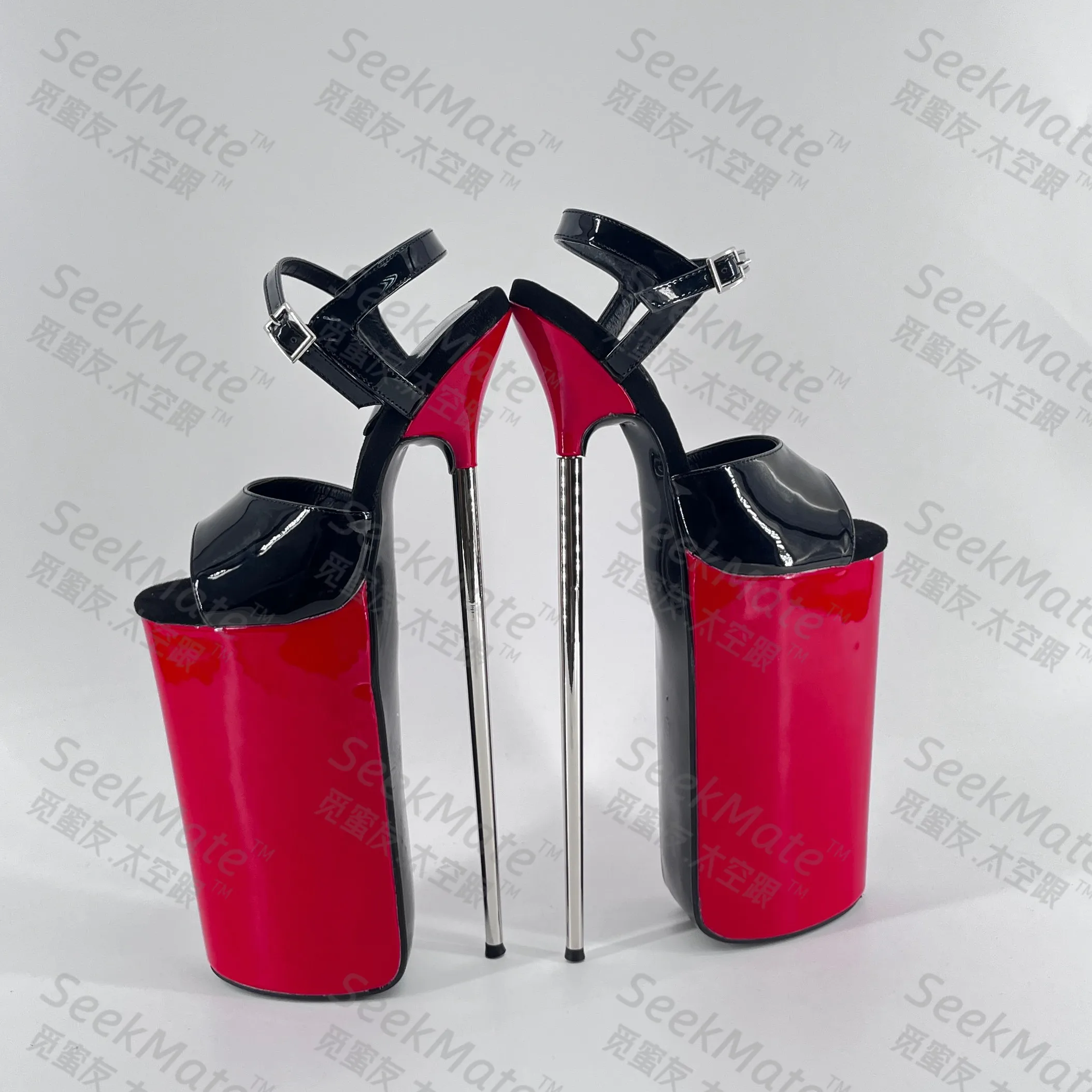 Seek Mate European and American New Ultra High Slim Heel 30 cm Steel Heel Red and Black Contrast Lacquer Leather Large Open Toe