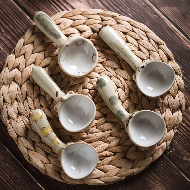 

Japanese Ceramic Spoon Retro Ceramic Spoons Cartoon Ramen Spoons Pho Spoons Large Soup Spoons with Cute Hand