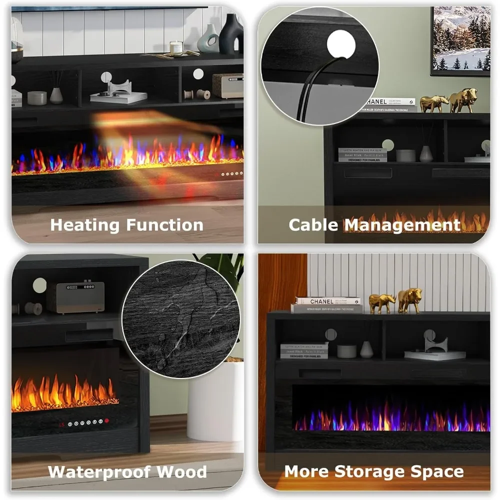 Fireplace TV Stand for TVs Up to 75" TV with 60" Electric Fireplace,Center with Open Shelve Storage,65 inch TV Stand 3