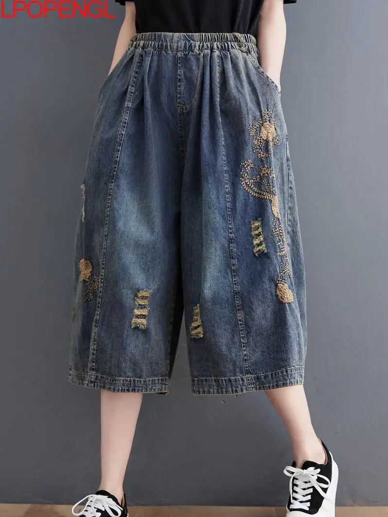 New 2022 Summer Streetwear Womens Vintage Ripped Jeans Holes Blue Denim Shorts Ladies Elastic Loose Thin Straight Wide Leg Pants